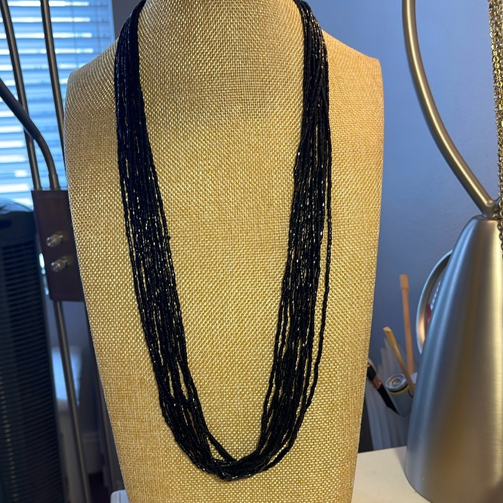 Black multi-strand glass bugle bead necklace with spring ring clasp - vintage